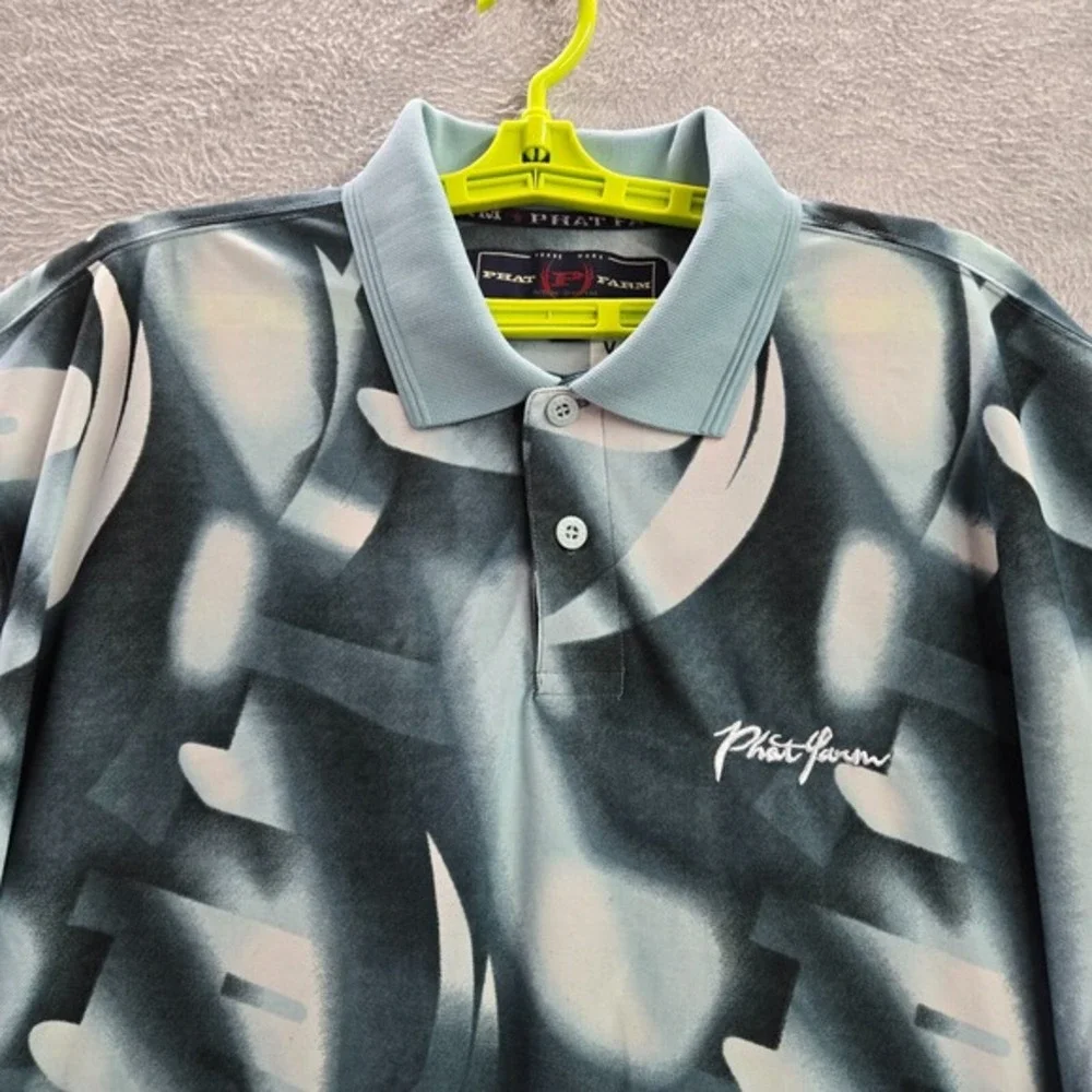 VINTAGE‎ Phat Farm Men Polo Shirt 2XL Blue Logo All Over Hip Hop Streetwear Y2K